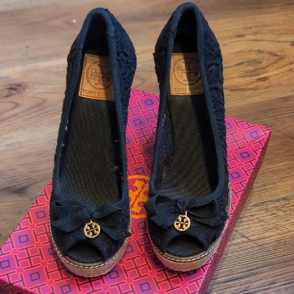 Tory Burch Black Espadrille Wedges